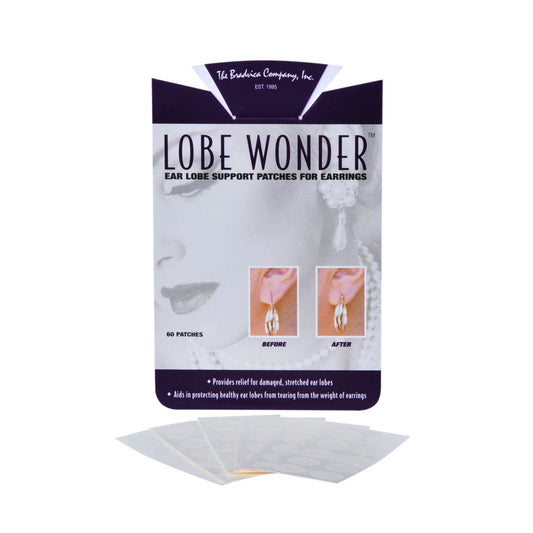 Lobe Wonder ear lobe support patches by The Lobe Company, Inc., shown with the product packaging and several translucent adhesive patches displayed below on a white background.